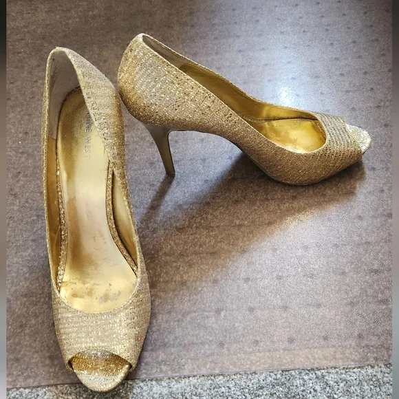 Nine West Shoes Nine West Heels Gold Pumps Glitter Open Toe